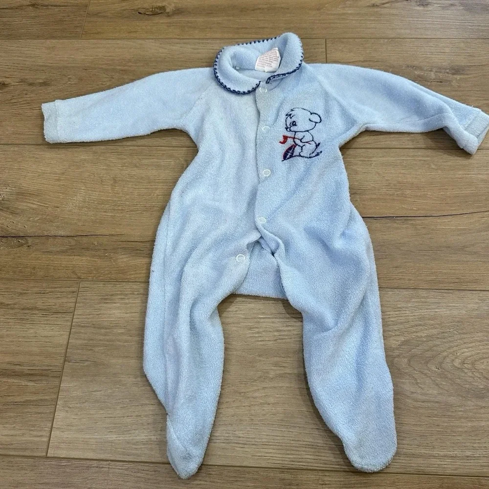 VTG (3) 90's Baby Infant Boy Sleepers Pajamas‎ 6-9 mos Blue Montgomery Ward
